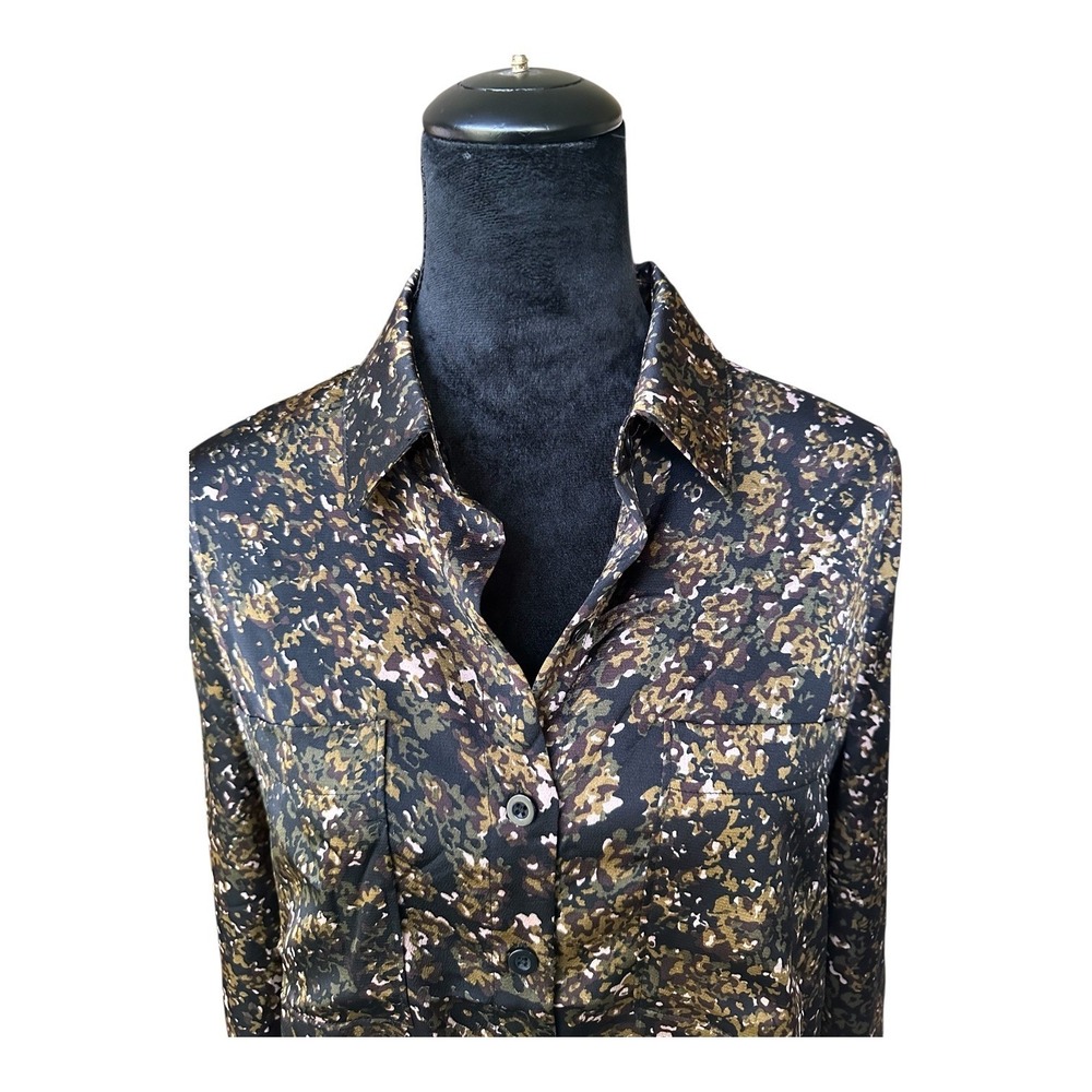 Evereve Abstract Camo Print Button Down Shirt Olive Brown Satin Feel Size M